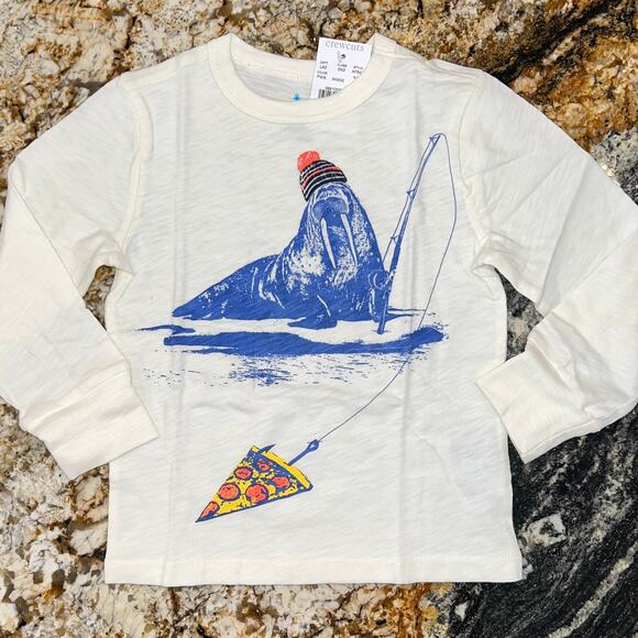 NWT J. Crew Boys' Ivory W/Fishing Pizza Walrus Graphic Long Sleeve Tee - SIZE 2 - Picture 2 of 8